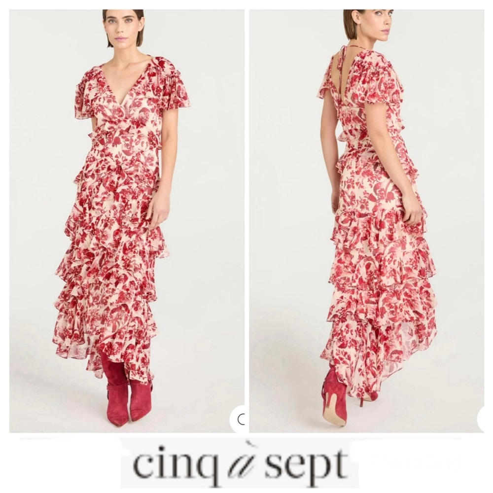 Cinq a Sept Tatum Floral Ruffled Shirt Sleeve Cocktail Midi Dress Sz 4 NWOT